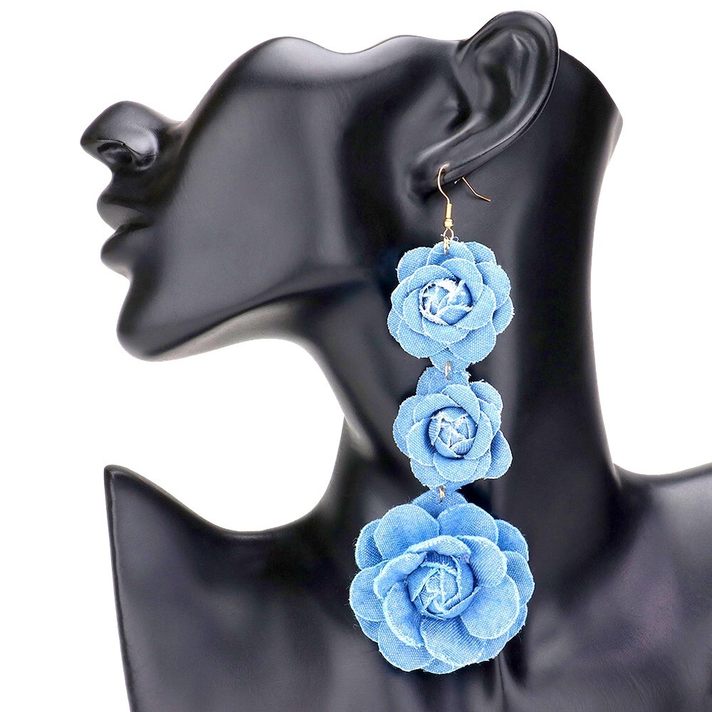 Triple Oversized Denim Rose Statement Earrings